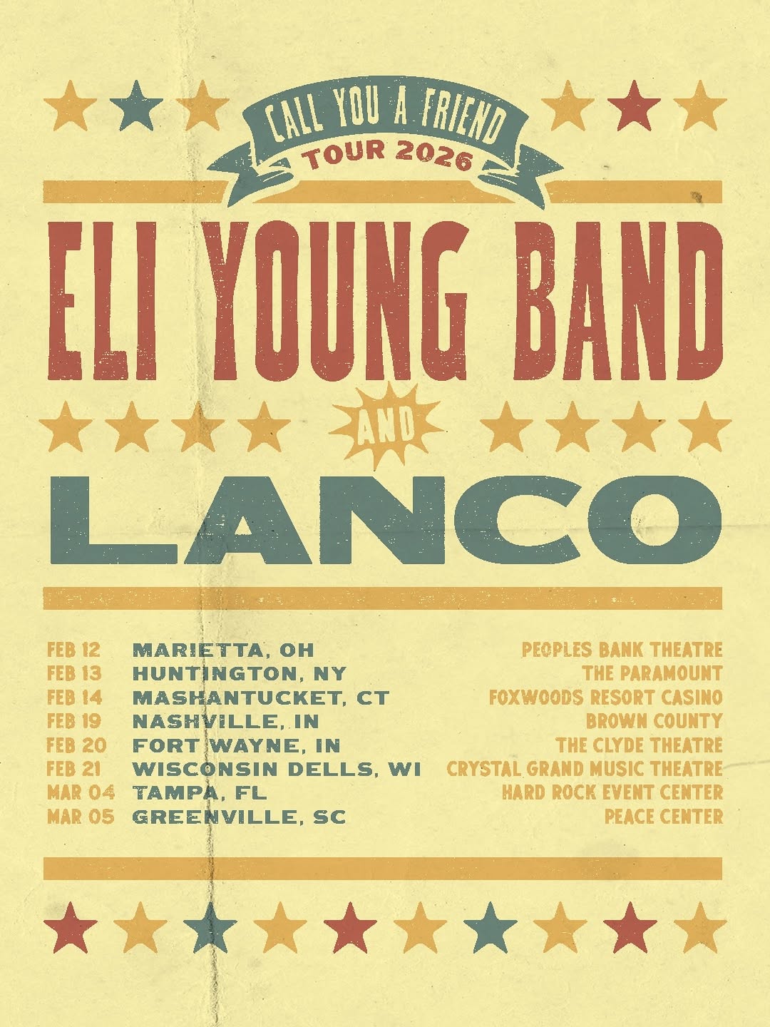 Eli Young Band Call You A Friend Tour Poster 2026